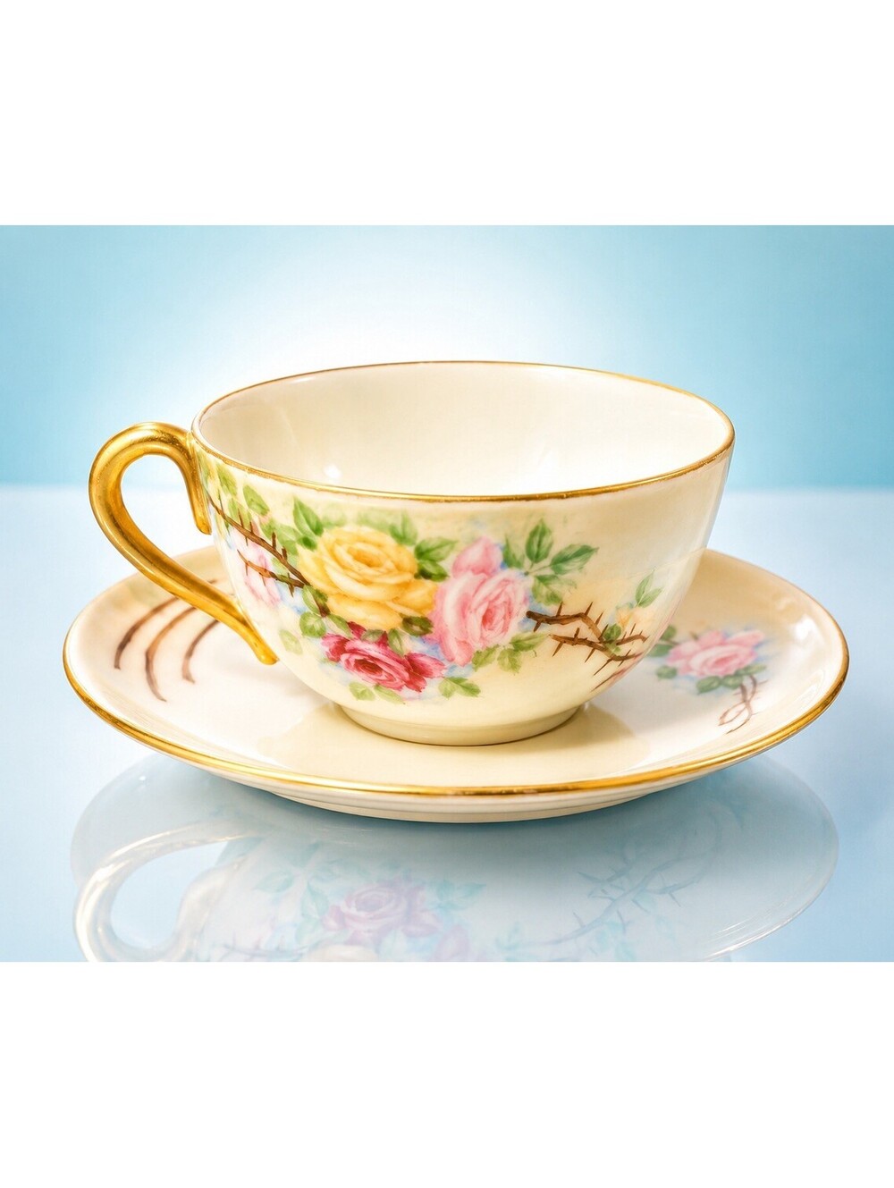 J&C Bavaria Antique 1900s Cup Saucer Hand Painted Yellow Roses Gold